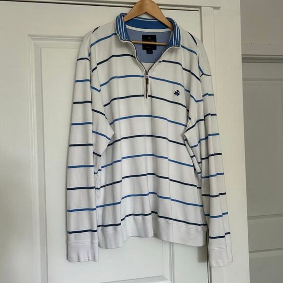 Brooks Brothers Stripe 1/4 Zip Knit Sweater Mens XXL Blue White Preppy Classic - Picture 1 of 9